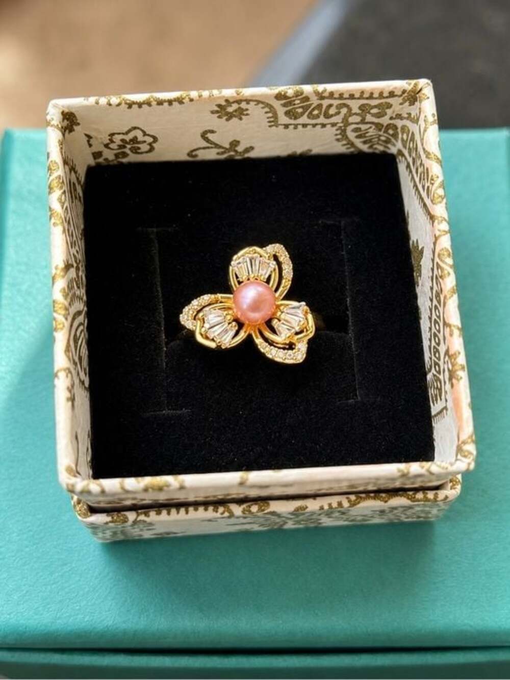 2 for $45 Gold Flower Ring with Pink Pearl Accent - Picture 2 of 3